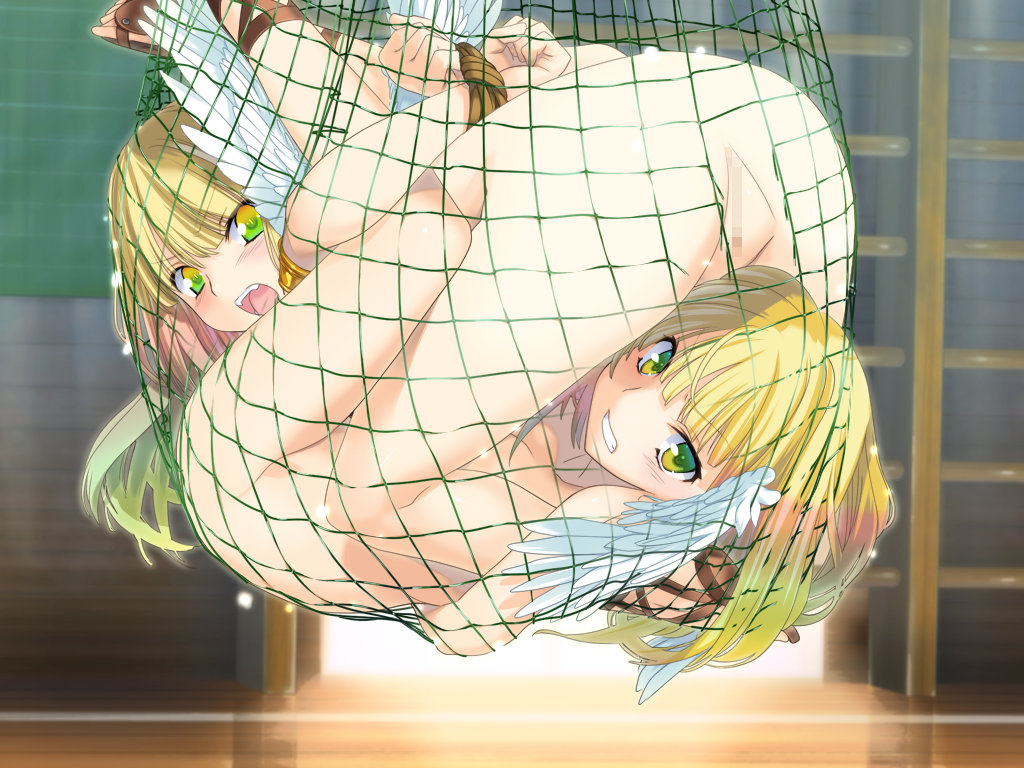 2girls 69 alice_soft angry bdsm blonde_hair blush bondage bound bound_wrists censored clenched_teeth forced_yuri game_cg green_eyes long_hair looking_at_viewer multicolored_hair multiple_girls net nude open_mouth orion_(orionproject) rance_(series) rance_quest rance_quest_magnum sandals tears teeth tongue wings