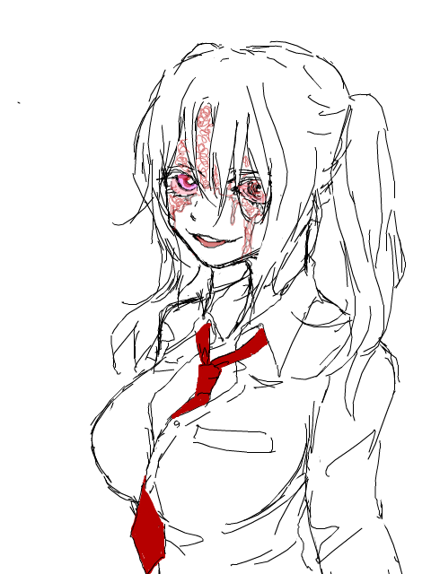 1girl artist_request between_breasts breasts injury kaibutsu long_hair necktie red_eyes sketch smile solo tegaki twintails white_hair