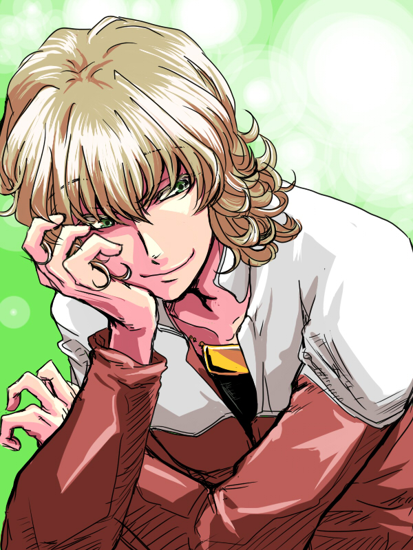 bad_id bad_pixiv_id barnaby_brooks_jr blonde_hair green_eyes jacket jewelry male_focus necklace no_eyewear rduuroorn red_jacket solo tiger_&amp;_bunny