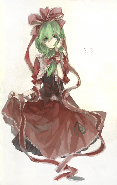 aqua_eyes arm_ribbon bad_id bad_pixiv_id bow dated dress front_ponytail green_hair hair_bow hair_ornament hair_ribbon hand_in_hair kagiyama_hina long_hair looking_at_viewer red_dress ribbon shrie simple_background sitting smile solo touhou white_background