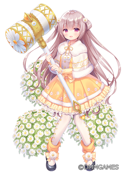 1girl :d bangs black_footwear blush brown_hair capelet commentary_request dress eyebrows_visible_through_hair flower flower_knight_girl frilled_dress frills full_body fur-trimmed_capelet fur_trim hair_flower hair_ornament holding holding_hammer long_hair long_sleeves north_pole_(flower_knight_girl) object_namesake official_art open_mouth pantyhose pleated_dress red_eyes shoes simple_background sleeves_past_wrists smile solo standing two_side_up usashiro_mani very_long_hair watermark white_background white_capelet white_flower white_legwear yellow_dress