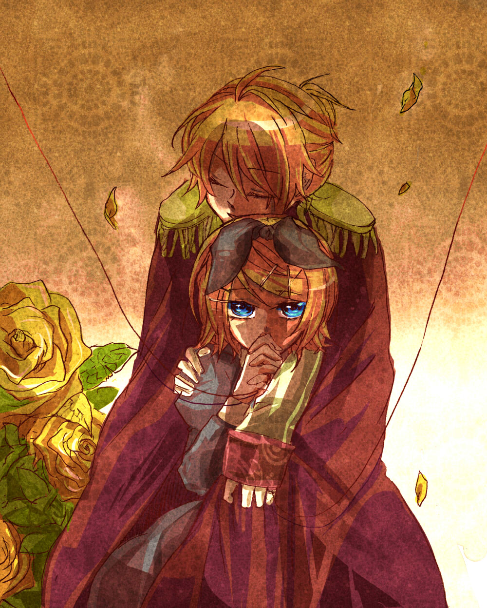 1girl bad_id bad_pixiv_id blonde_hair blue_eyes brother_and_sister closed_eyes flower hands_clasped highres hug hug_from_behind kagamine_len kagamine_rin own_hands_together red_string siblings string twins ui_(rot) vocaloid