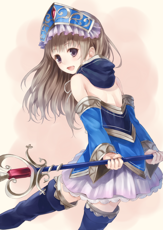 arms_behind_back atelier_(series) atelier_totori back bad_id bad_pixiv_id banned_artist bare_shoulders blue_sleeves boots brown_hair detached_sleeves headdress leaning_forward long_hair looking_back paseri purple_eyes simple_background solo staff thigh_boots thighhighs totooria_helmold zettai_ryouiki