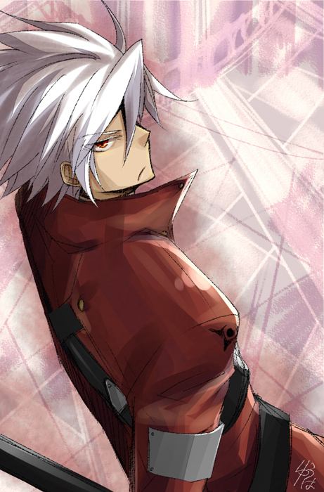 bad_id bad_pixiv_id blazblue frown male_focus ragna_the_bloodedge red_eyes silver_hair solo yuu_(yakit)
