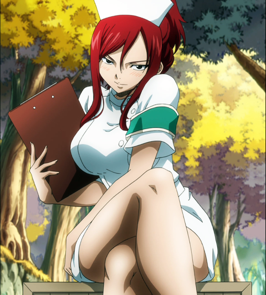 1girl breasts brown_eyes clipboard erza_scarlet fairy_tail female hat large_breasts legs_crossed long_hair looking_at_viewer medical miniskirt nurse nurse_cap ponytail red_hair screencap sitting skirt solo