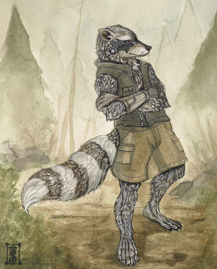 kinpouju male mammal raccoon shorts solo stripes vest