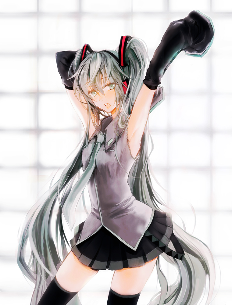 armpits arms_up detached_sleeves hatsune_miku kisuzu long_hair necktie open_mouth skirt sleeves_past_wrists solo thighhighs twintails very_long_hair vocaloid