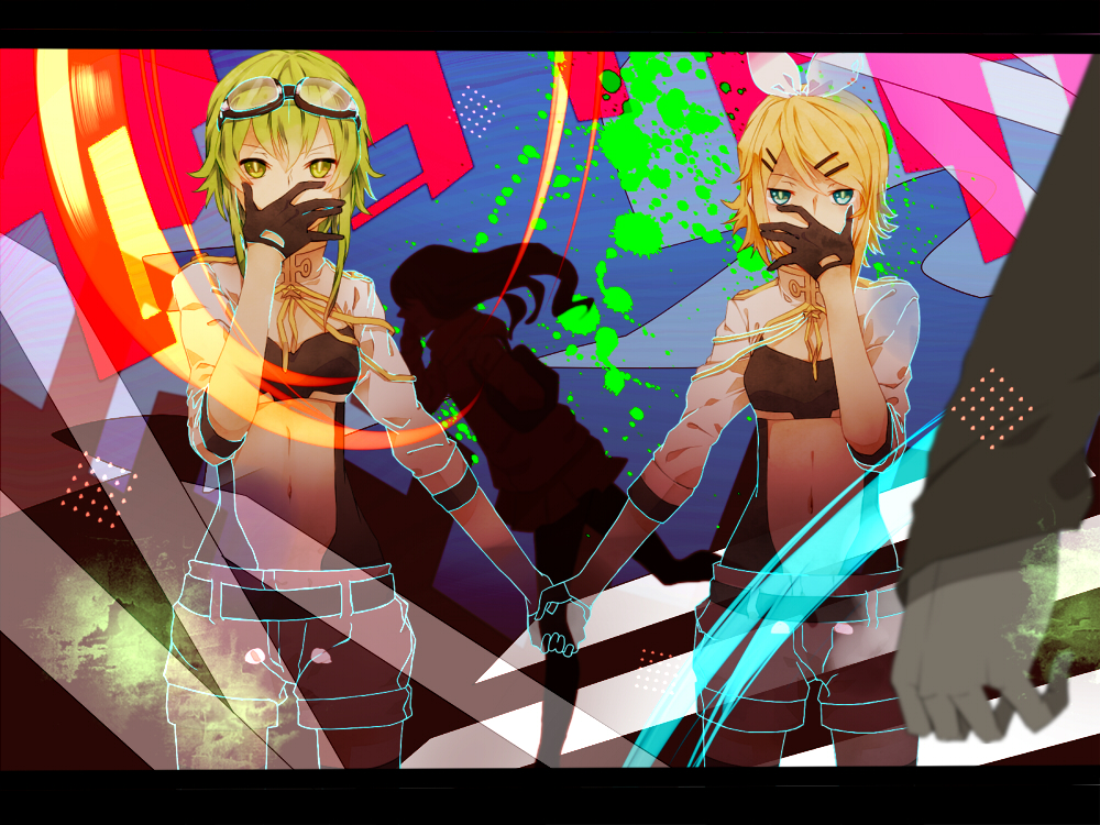 aiguillette aqua_eyes bad_id bad_pixiv_id blonde_hair covering_mouth goggles goggles_on_head green_eyes green_hair gumi hair_ornament hair_ribbon hairclip hand_over_own_mouth holding_hands kagamine_rin letterboxed looking_at_viewer multiple_girls navel pietani397 ribbon short_hair shorts vocaloid