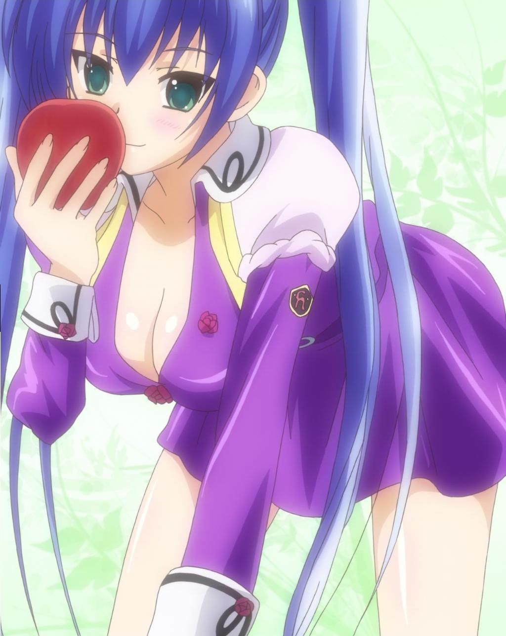 1girl apple blue_hair breasts food fruit green_eyes highres kuroki_kurumi r-15 school_uniform screencap solo twintail twintails