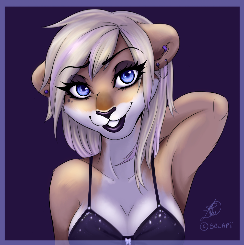 anthro blonde_hair blue_eyes breasts clothing dress ear_piercing feline female hair lion mammal piercing solapi_(artist) solo straight_hair