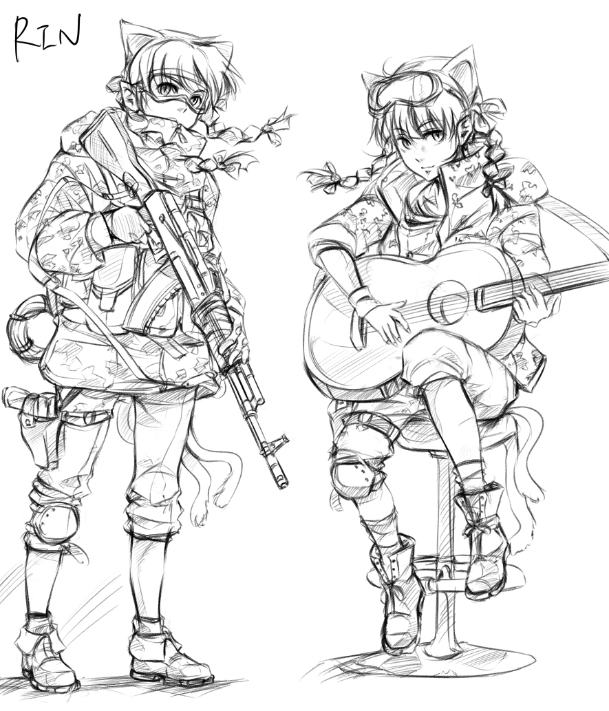 acoustic_guitar ak-74 alternate_costume animal_ears assault_rifle boots braid cat_ears cat_tail goggles goggles_on_head greyscale guitar gun instrument jacket kaenbyou_rin lleu military monochrome multiple_tails rifle short_hair sitting sketch solo stool tail touhou twin_braids weapon