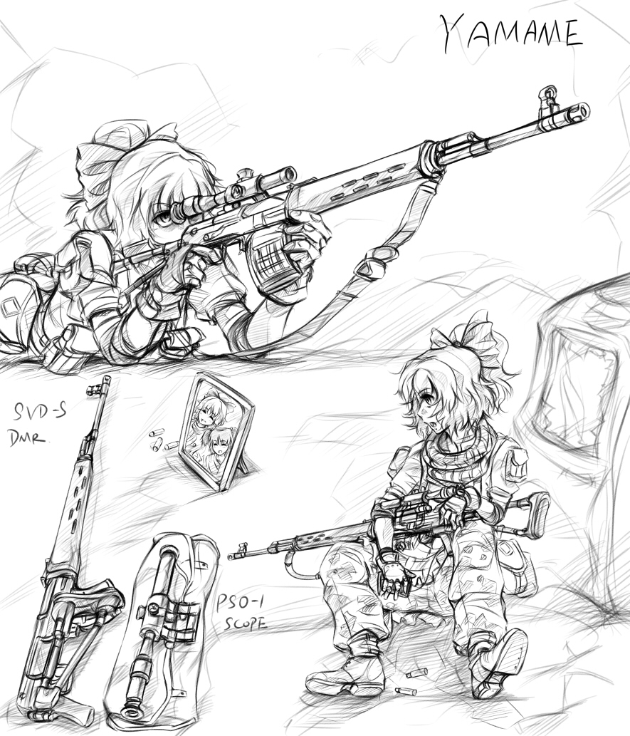 alternate_costume boots contemporary dragunov_svd gloves greyscale gun kisume kurodani_yamame lleu lying military military_operator military_uniform monochrome on_stomach picture_(object) picture_frame ponytail rifle scope sitting sketch sniper_rifle solo touhou uniform weapon