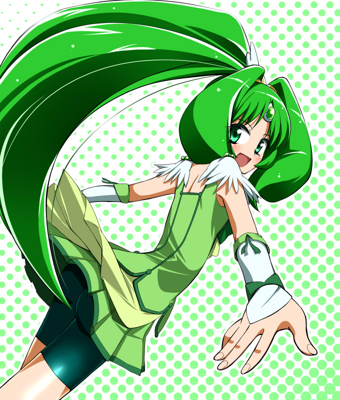 bad_id bad_pixiv_id big_hair bike_shorts cure_march from_behind green green_eyes green_hair green_shorts green_skirt long_hair looking_back midorikawa_nao outstretched_arms ponytail precure shiden_(sashimi_no_wife) shorts shorts_under_skirt skirt smile_precure! solo tiara