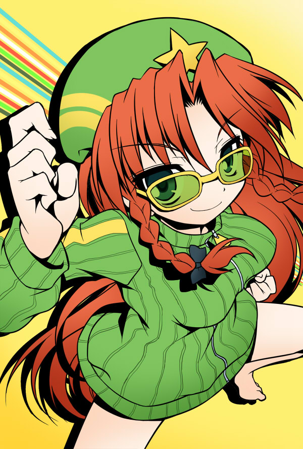 akou_roushi barefoot blue_eyes bottomless bow braid green_shirt hair_bow hat hong_meiling long_hair naked_sweater no_pants parody persona persona_4 red_hair ribbed_sweater satonaka_chie shirt simple_background smile solo star sunglasses sweater touhou twin_braids yellow_background zipper