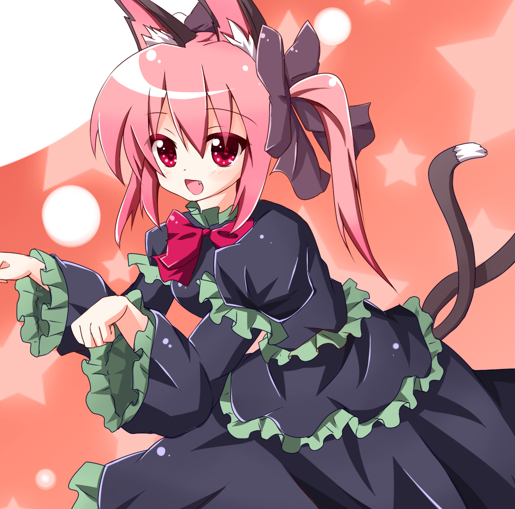 animal_ears bad_id bad_pixiv_id black_dress bow cat_ears cat_tail dress fang hair_bow kaenbyou_rin kuromari_(runia) multiple_tails open_mouth paw_pose red_eyes red_hair short_hair smile solo tail touhou twintails