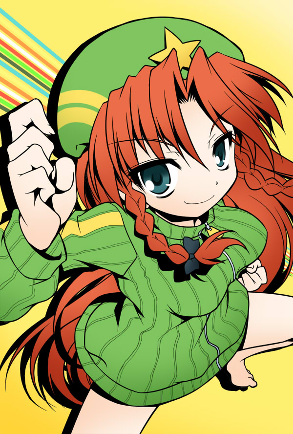 akou_roushi barefoot blue_eyes bottomless bow braid green_shirt hair_bow hat hong_meiling long_hair naked_sweater no_pants parody persona persona_4 red_hair ribbed_sweater satonaka_chie shirt smile solo star sweater touhou twin_braids zipper