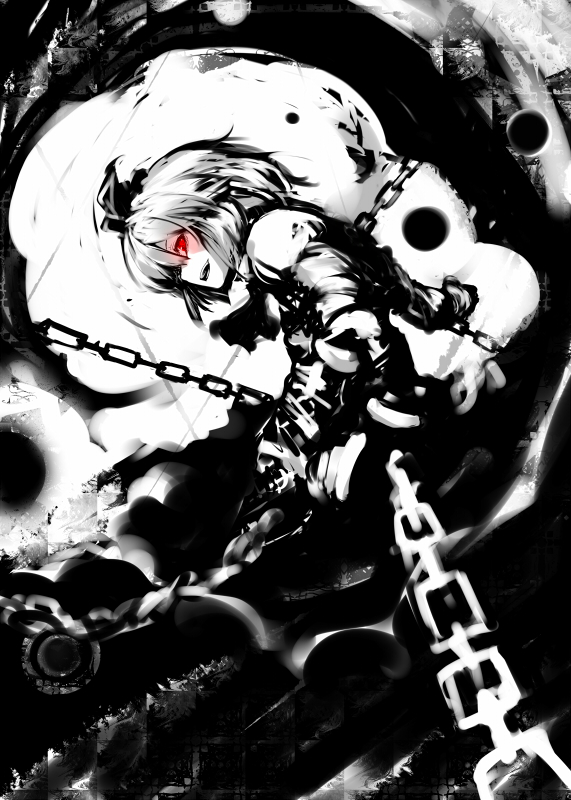 ascot chain chained greyscale hair_ribbon monochrome open_mouth red_eyes ribbon rumia short_hair smirk solo soubi spot_color touhou