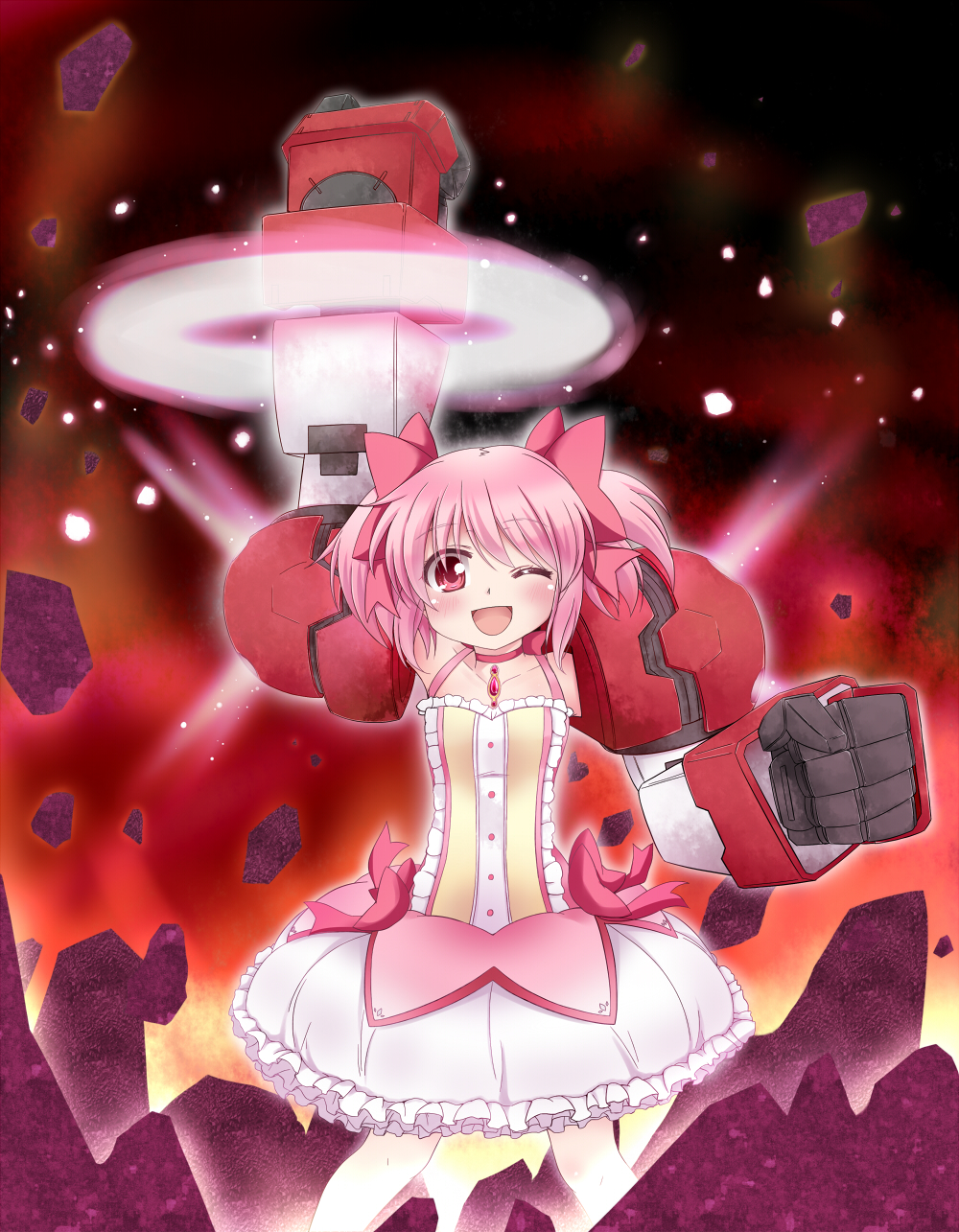 :d arm_up bad_id bad_pixiv_id bare_legs bow braid bubble_skirt choker clenched_hands dress fusion gundam gundam_age gundam_age-1 gundam_age-1_titus hair_bow happy highres jewelry kaname_madoka magical_girl mahou_shoujo_madoka_magica makino_(ukiuo) mecha_musume mechanical_arms one_eye_closed open_mouth pink_eyes pink_hair raised_fist ring short_twintails skirt smile solo standing twin_braids twintails