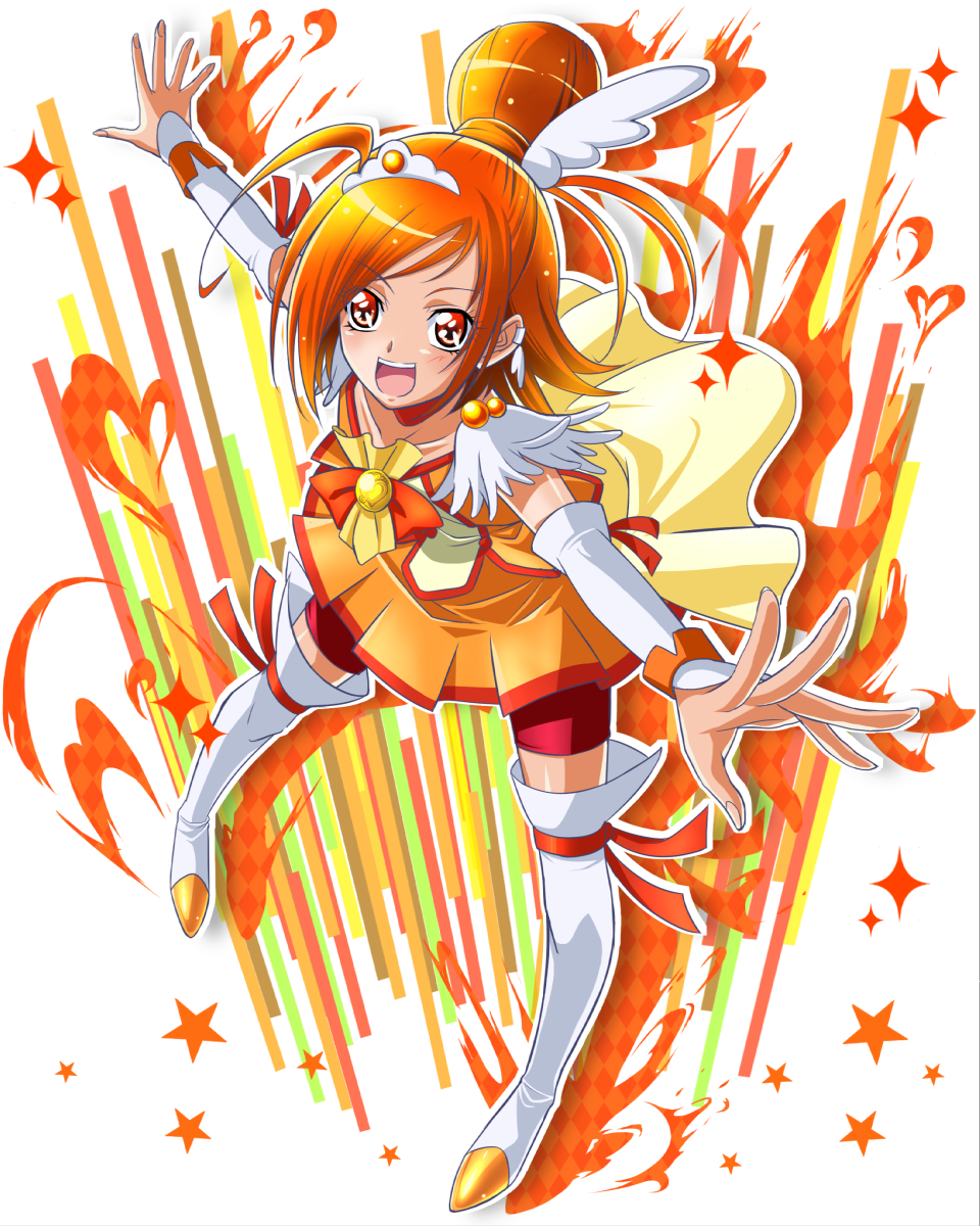 :d bike_shorts choker cure_sunny eyelashes highres hino_akane_(smile_precure!) magical_girl mahkn open_mouth orange_(color) orange_choker orange_hair orange_skirt outstretched_arms precure red_shorts short_hair shorts shorts_under_skirt skirt smile smile_precure! solo star thighhighs white_legwear