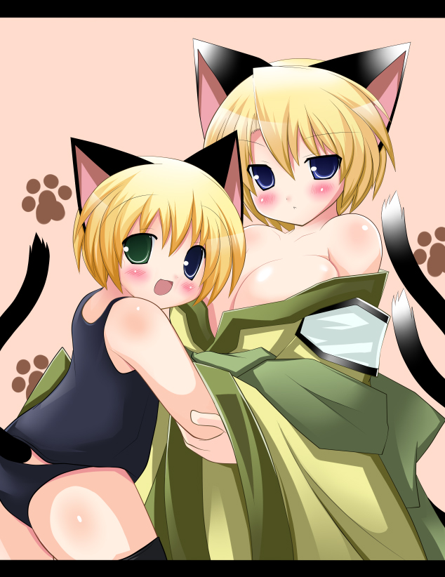 2girls animal_ears bakeneko bare_shoulders blonde blonde_hair blue_eyes breasts cat_ears cat_tail cleavage female green_eyes heterochromia hotaru-mia huge_breasts japanese_clothes kimono looking_at_viewer multiple_girls multiple_tails no_bra one-piece_swimsuit original short_hair standing swimsuit tail