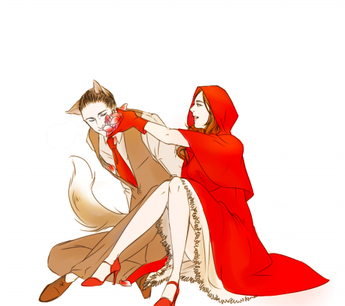 1girl animal_ears ariadne arthur_(inception) artist_request cloak couple formal hetero high_heels hood inception little_red_riding_hood lowres shoes suit tail wolf wolf_ears wolf_tail