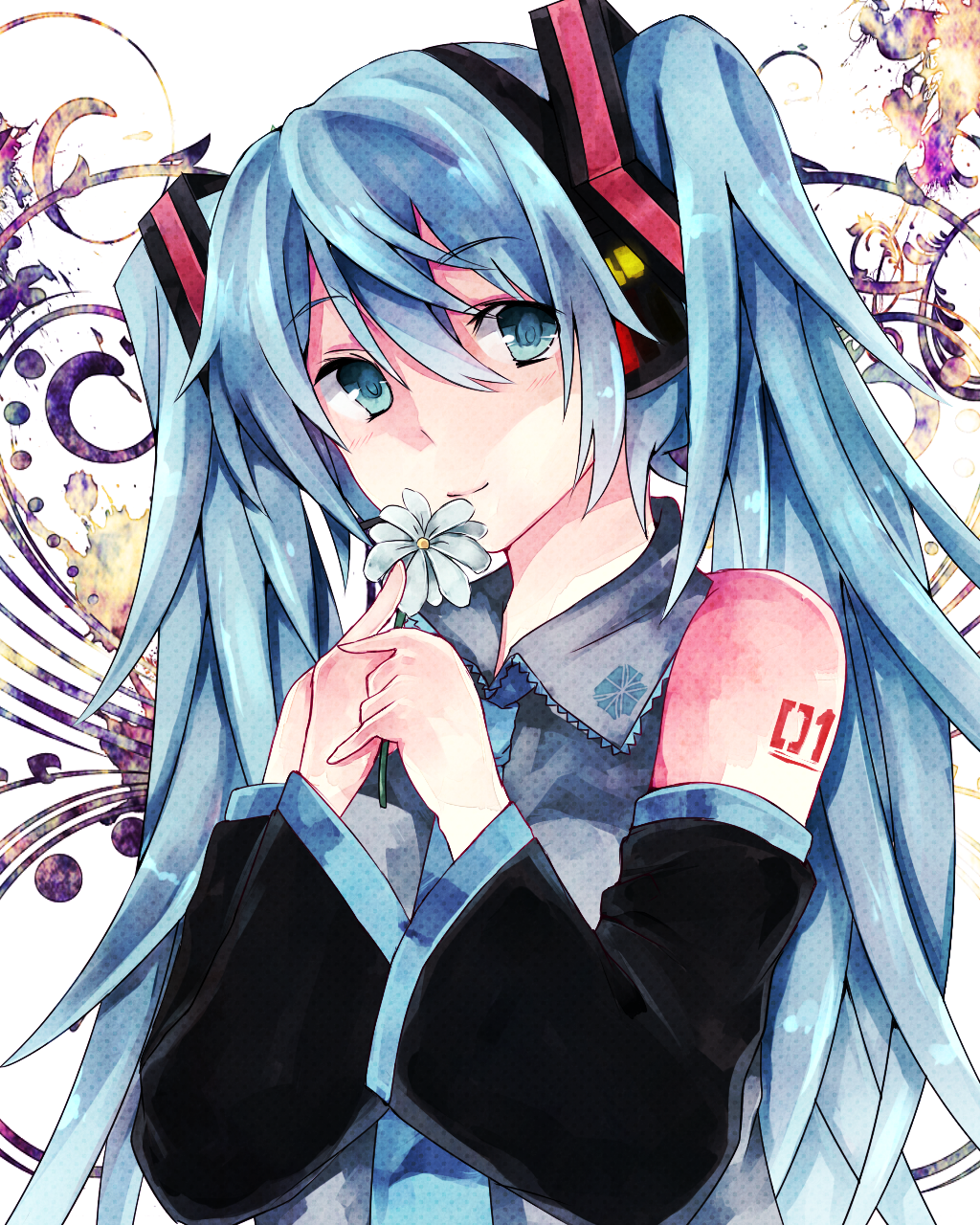 aqua_eyes aqua_hair bad_id bad_pixiv_id detached_sleeves flower hatsune_miku headphones highres long_hair necktie shirogane_(ankoromochi) smile solo twintails vocaloid