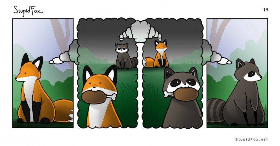:3 canine comic emily_chan food fox mammal meat mindfuck paradox raccoon sitting stupidfox symmetry thinking watermark webcomic