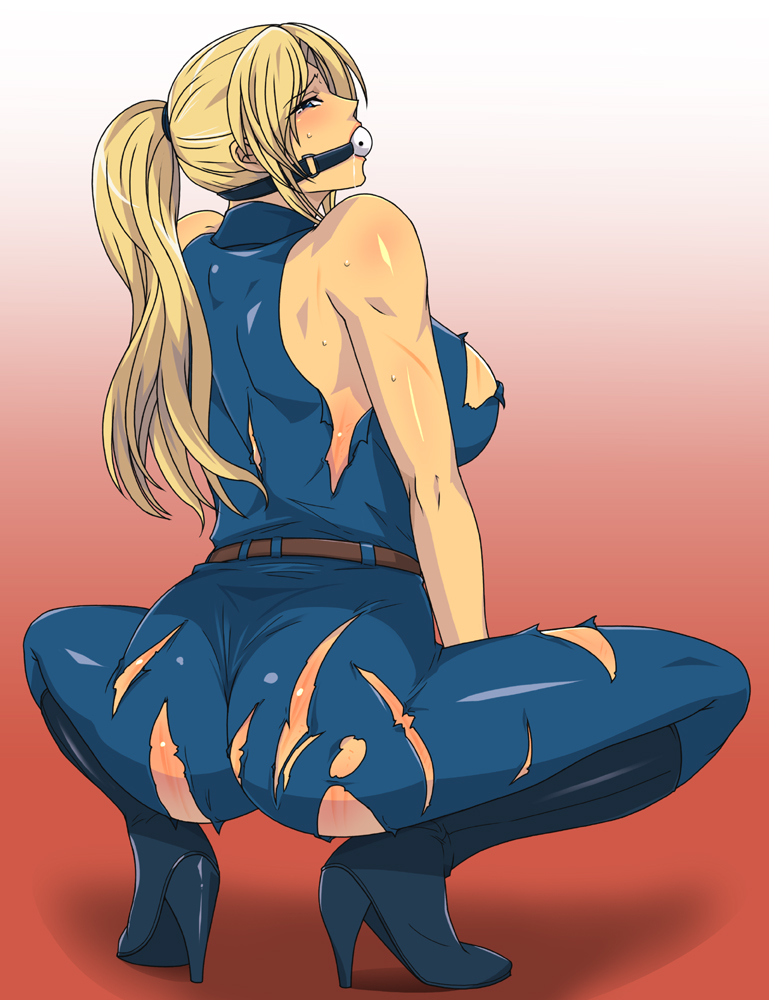 ass ball_gag bare_shoulders bdsm blonde_hair blue_eyes blush bodysuit bondage boots bound breasts from_behind gag gagged gureko_rouman halterneck high_heels knee_boots large_breasts long_hair looking_back ponytail sarah_bryant shoes solo spread_legs squatting sweat tears torn_clothes virtua_fighter whip_marks
