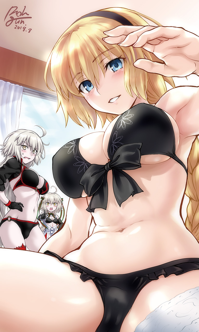 3girls ahoge bangs bedroom bikini black_bikini black_bikini_top black_gloves black_jacket blonde_hair blue_eyes blue_jacket blush braid breasts capelet choker cleavage dated elbow_gloves embarrassed eyebrows_visible_through_hair fate/grand_order fate_(series) gloves hair_between_eyes hairband headpiece highres indoors jacket jeanne_d'arc_(alter_swimsuit_berserker) jeanne_d'arc_(fate)_(all) jeanne_d'arc_(swimsuit_archer) jeanne_d'arc_alter_santa_lily large_breasts long_hair looking_at_viewer multiple_girls o-ring open_mouth pale_skin parted_lips pointing ponytail ribbon rohgun signature silver_hair single_braid skindentation standing stomach striped striped_ribbon swimsuit thighs unbuttoned very_long_hair wavy_mouth white_capelet yellow_eyes