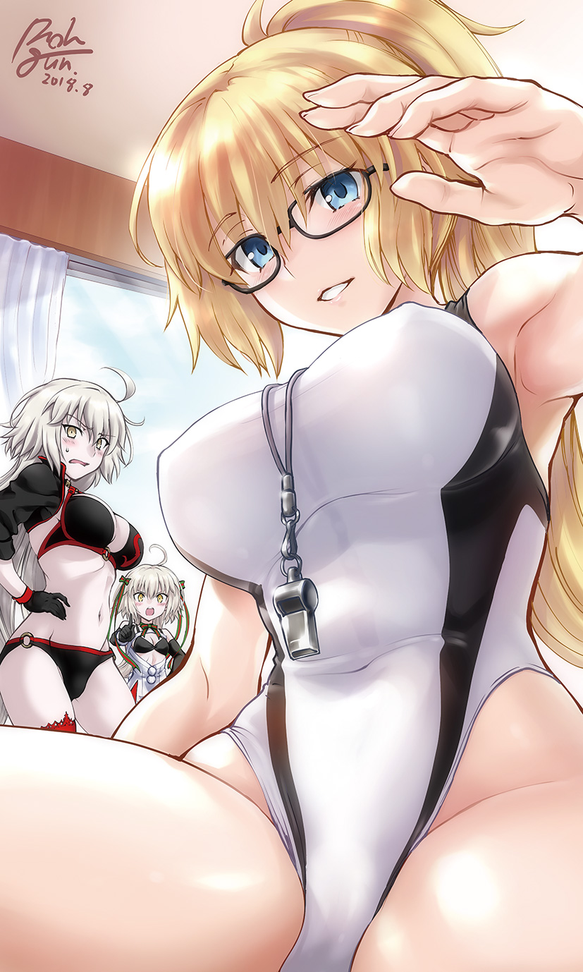 3girls alternate_hairstyle bangs bespectacled bikini black_bikini blue_eyes blue_jacket blush bow breasts cleavage competition_swimsuit covered_navel covered_nipples cropped_jacket dated embarrassed eyebrows_visible_through_hair fate/grand_order fate_(series) glasses hair_bow hairband high_ponytail highleg highleg_swimsuit highres impossible_clothes indoors jacket jeanne_d'arc_(alter_swimsuit_berserker) jeanne_d'arc_(fate)_(all) jeanne_d'arc_(swimsuit_archer) jeanne_d'arc_alter_santa_lily large_breasts long_hair looking_at_viewer multiple_girls navel one-piece_swimsuit open_mouth pale_skin parted_lips pointing ponytail rohgun signature silver_hair stomach swimsuit very_long_hair wavy_mouth whistle white_swimsuit
