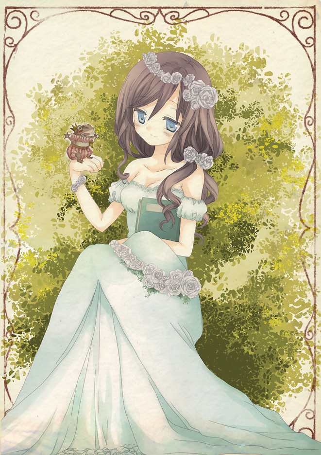 bad_id bad_pixiv_id bare_shoulders blue_eyes breasts brown_hair cleavage dress flower frog hair_flower hair_ornament head_wreath long_hair medium_breasts original prince rose smile solo wap