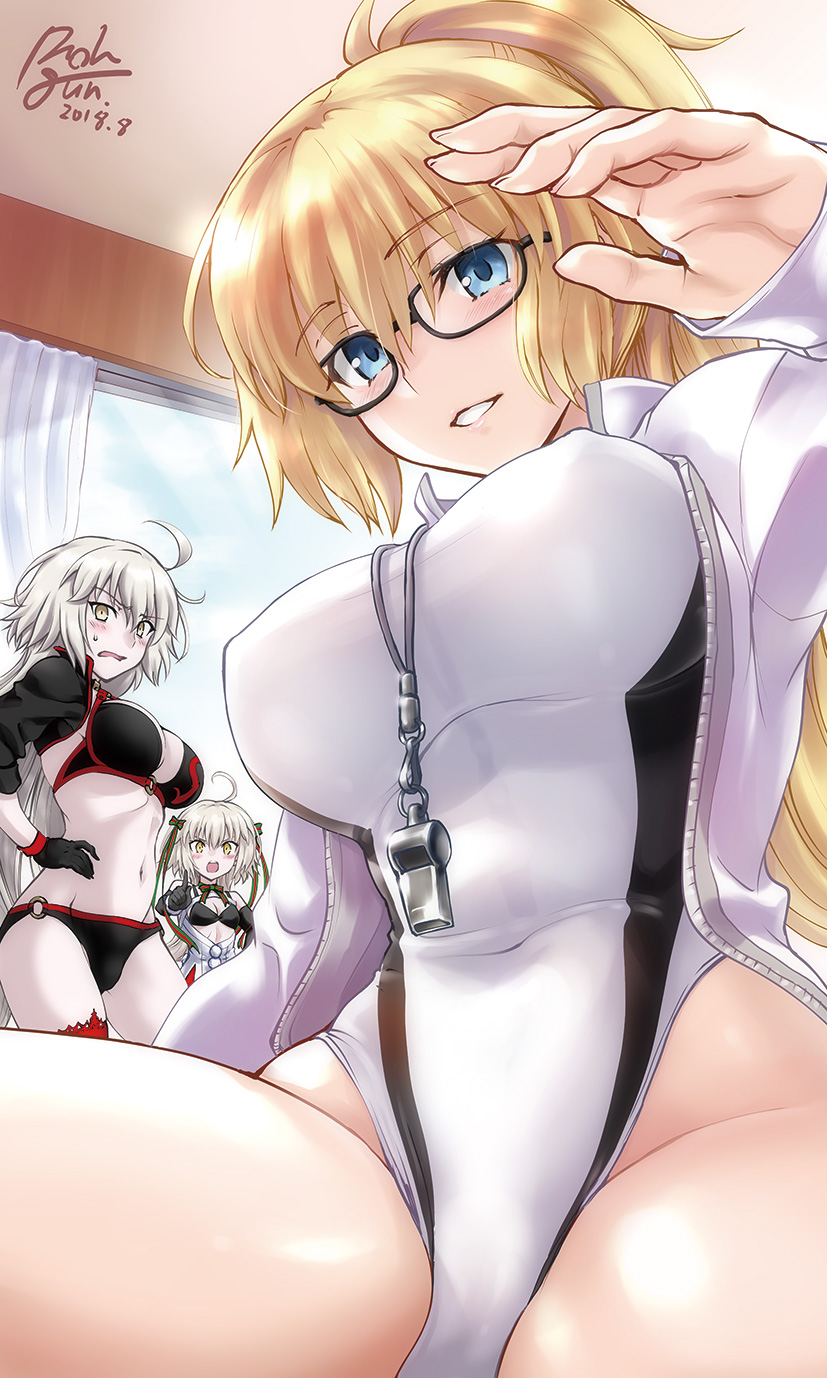 3girls alternate_hairstyle bangs bespectacled bikini black_bikini blue_eyes blue_jacket blush bow breasts cleavage competition_swimsuit covered_navel covered_nipples cropped_jacket dated embarrassed eyebrows_visible_through_hair fate/grand_order fate_(series) glasses hair_bow hairband high_ponytail highleg highleg_swimsuit highres hood hooded_jacket impossible_clothes indoors jacket jeanne_d'arc_(alter_swimsuit_berserker) jeanne_d'arc_(fate)_(all) jeanne_d'arc_(swimsuit_archer) jeanne_d'arc_alter_santa_lily large_breasts long_hair looking_at_viewer multiple_girls navel one-piece_swimsuit open_mouth pale_skin parted_lips pointing ponytail rohgun signature silver_hair stomach swimsuit very_long_hair wavy_mouth whistle white_swimsuit