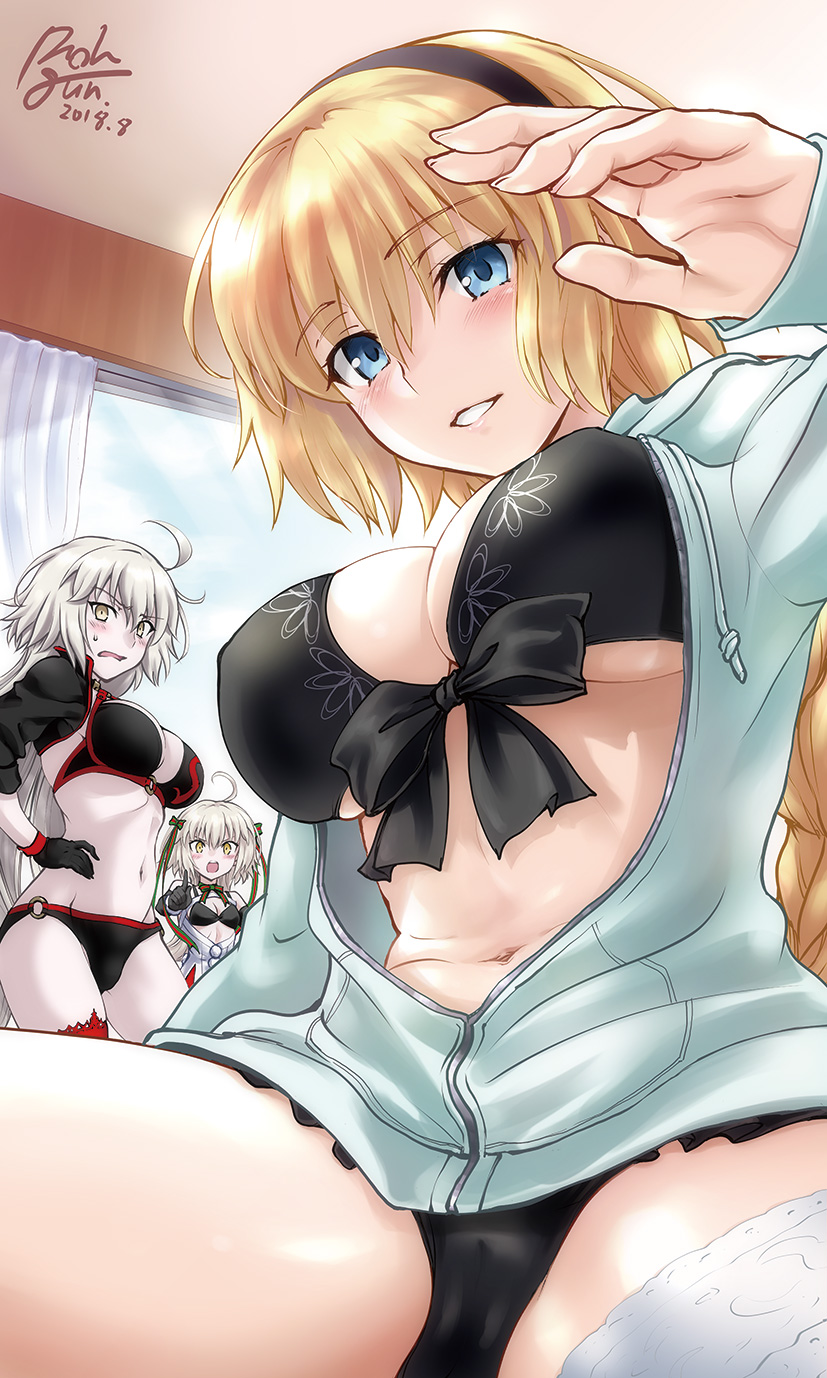 3girls ahoge bangs bedroom bikini black_bikini black_bikini_top black_gloves black_jacket blonde_hair blue_eyes blue_jacket blush braid breasts capelet choker cleavage dated elbow_gloves embarrassed eyebrows_visible_through_hair fate/grand_order fate_(series) gloves hair_between_eyes hairband headpiece highres hood hooded_jacket indoors jacket jeanne_d'arc_(alter_swimsuit_berserker) jeanne_d'arc_(fate)_(all) jeanne_d'arc_(swimsuit_archer) jeanne_d'arc_alter_santa_lily large_breasts long_hair looking_at_viewer multiple_girls o-ring open_mouth pale_skin parted_lips pointing ponytail ribbon rohgun signature silver_hair single_braid skindentation standing stomach striped striped_ribbon swimsuit thighs unbuttoned very_long_hair wavy_mouth white_capelet yellow_eyes