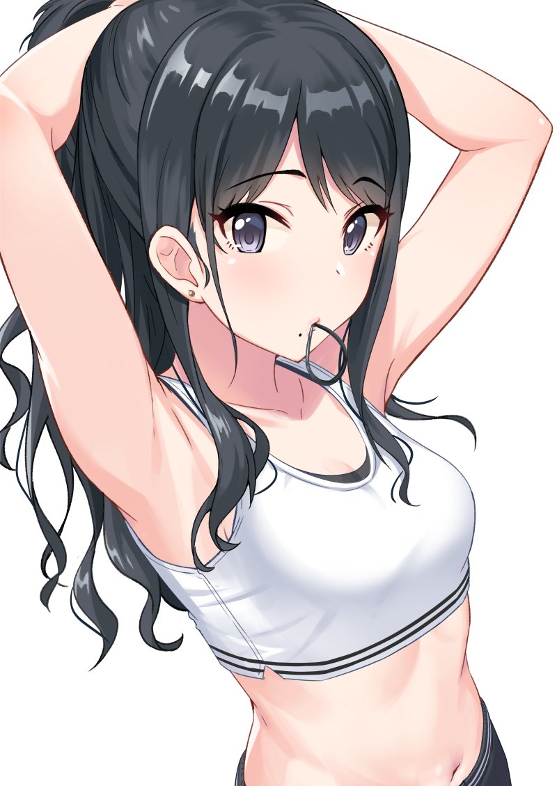 1girl adjusting_hair arms_behind_head arms_up bare_arms bare_shoulders black_hair black_shorts breasts collarbone crop_top earrings grey_eyes hair_tie hair_tie_in_mouth idolmaster idolmaster_shiny_colors jewelry kazano_hiori long_hair looking_at_viewer midriff mole mole_under_mouth mouth_hold navel ponytail shirt shorts sidelocks simple_background sleeveless sleeveless_shirt small_breasts solo stomach tamakaga upper_body wavy_hair white_background white_shirt