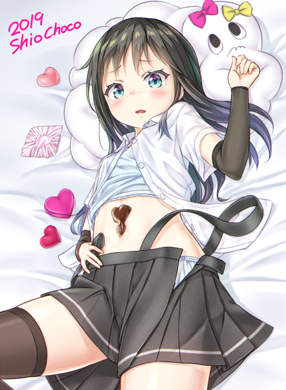1girl asashio_(kantai_collection) black_hair black_legwear blue_eyes blush breasts chocolate chocolate_heart eyebrows_visible_through_hair gotou_hisashi heart highres kantai_collection long_hair looking_at_viewer lying miss_cloud navel on_back open_mouth pleated_skirt school_uniform shirt short_sleeves skirt small_breasts suspenders thighhighs valentine white_shirt