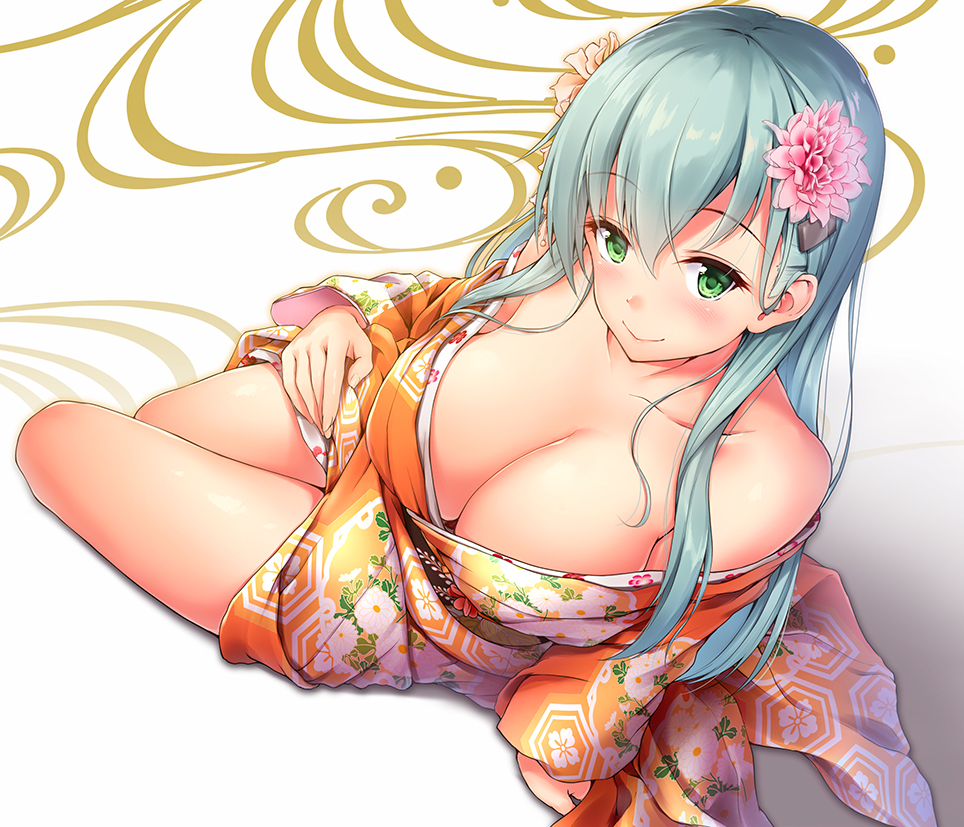 1girl aqua_hair arm_support awa_yume bare_shoulders blush breasts collarbone flower from_above green_eyes hair_flower hair_ornament hairclip japanese_clothes kantai_collection kimono large_breasts long_hair looking_at_viewer off_shoulder orange_kimono pink_flower sitting smile solo suzuya_(kantai_collection) wide_sleeves yokozuwari