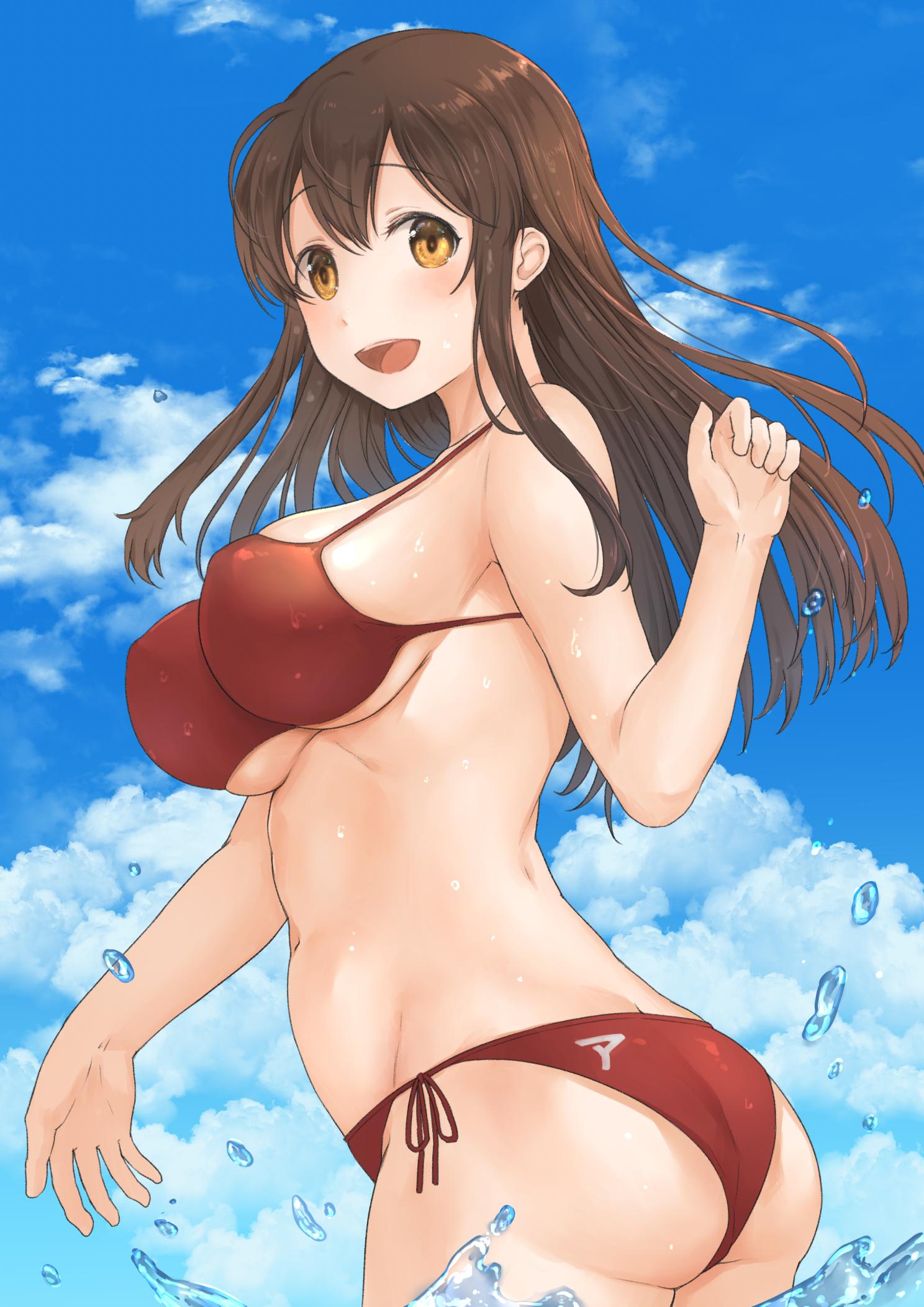 1girl :d akagi_(kantai_collection) alternate_costume ass bare_arms bare_shoulders bikini blue_sky blush breasts brown_hair clothes_writing cloud cowboy_shot eyebrows_visible_through_hair eyes_visible_through_hair female from_below fukuroumori hair_between_eyes hand_up happy highres kantai_collection large_breasts long_hair looking_at_viewer looking_back midriff navel neck open_mouth orange_eyes partially_submerged red_bikini red_swimsuit round_teeth sky smile solo splashing standing straight_hair swimsuit teeth underboob upper_teeth