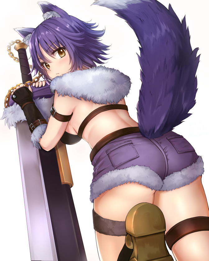 aki_makoto animal_ear_fluff animal_ears arm_belt ass back bangs belt black_bikini_top black_gloves blush breasts closed_mouth dargo eyebrows_visible_through_hair fingerless_gloves fur_collar fur_trim gloves holding holding_sword holding_weapon leaning_forward looking_at_viewer looking_back medium_breasts princess_connect! princess_connect!_re:dive purple_hair purple_shorts shoes short_hair short_shorts shorts simple_background solo standing standing_on_one_leg sword tail thigh_strap weapon white_background wolf_ears wolf_tail yellow_eyes