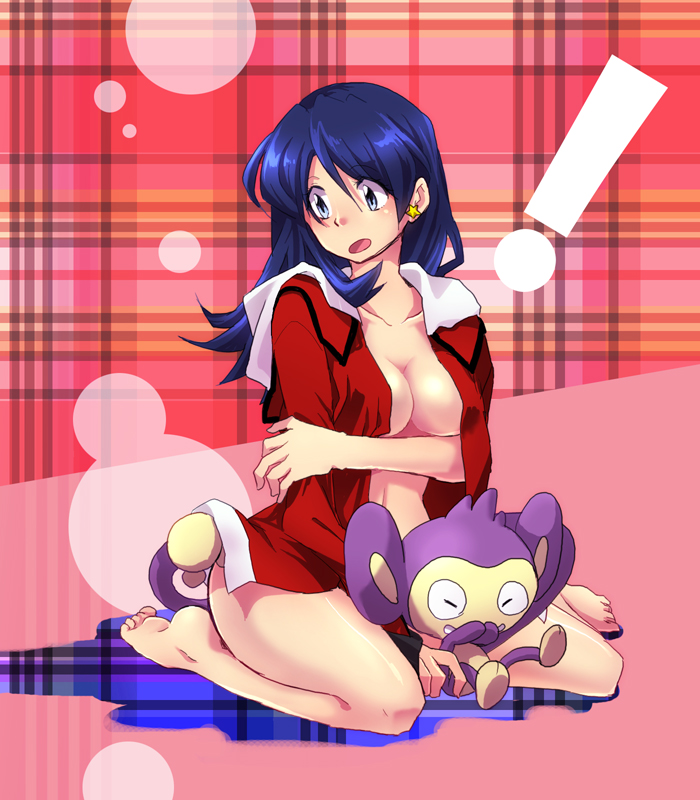 1girl aipom alternate_costume alternate_hairstyle bad_id bad_pixiv_id bare_legs barefoot blue_eyes blue_hair breasts cleavage cosplay crystal_(pokemon) earrings gen_2_pokemon gold_(pokemon) gold_(pokemon)_(cosplay) hair_down hk_(nt) jewelry medium_breasts naked_shirt open_clothes open_mouth open_shirt pokemon pokemon_(creature) pokemon_special shirt sitting toe_scrunch wariza