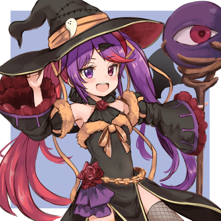 :d armpits bangs bare_shoulders black_hat blush chain covered_navel cowboy_shot dargo detached_sleeves eyeball fishnet_legwear fishnets flower hand_up hat heterochromia holding holding_staff long_hair long_sleeves looking_at_viewer multicolored_hair open_mouth pelvic_curtain princess_connect! princess_connect!_re:dive purple_eyes purple_hair red_hair rose sidelocks smile solo staff swept_bangs tamaizumi_misaki twintails two-tone_hair upper_teeth very_long_hair wide_sleeves wing_hair_ornament witch_hat