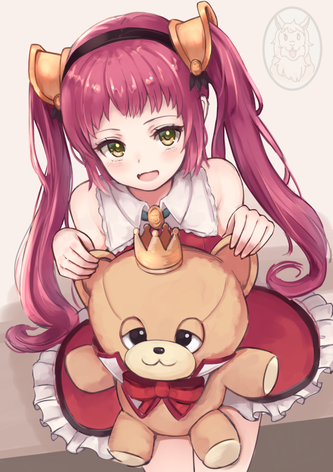 :d armpit_crease bangs bare_shoulders blush bow crown dargo dress fang frilled_dress frills from_above green_eyes hair_ornament hairband houjou_ayane jewelry long_hair looking_at_viewer open_mouth pendant princess_connect! princess_connect!_re:dive red_bow red_dress red_hair rima_(princess_connect) sidelocks sitting sleeveless sleeveless_dress smile solo stuffed_animal stuffed_toy teddy_bear twintails very_long_hair