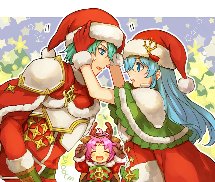 2900cm 2girls :o ^_^ adjusting_clothes adjusting_hat alternate_costume antlers aqua_eyes aqua_hair armor artist_name bell blush bow brother_and_sister brown_gloves cape capelet christmas closed_eyes crossover eirika ephraim eye_contact eyes_closed fa facial_mark fire_emblem fire_emblem:_fuuin_no_tsurugi fire_emblem:_seima_no_kouseki fire_emblem_heroes forehead_mark from_side fur_trim gloves green_capelet happy hat highres leaning leaning_forward long_hair long_sleeves looking_at_another mamkute multiple_girls nintendo open_mouth pom_pom_(clothes) purple_hair red_cape red_clothes red_gloves red_hat reindeer_antlers santa_costume santa_hat short_hair siblings smile sweatdrop white_armor