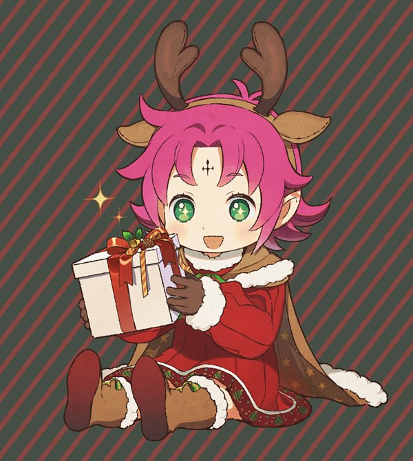 +_+ 1girl antlers boots box brown_gloves cape dress fa facial_mark fire_emblem fire_emblem:_fuuin_no_tsurugi fire_emblem_heroes forehead_mark full_body fur_trim gift gift_box gloves green_eyes kyufe long_sleeves mamkute nintendo open_mouth pointy_ears purple_hair reindeer_antlers short_hair simple_background sitting solo