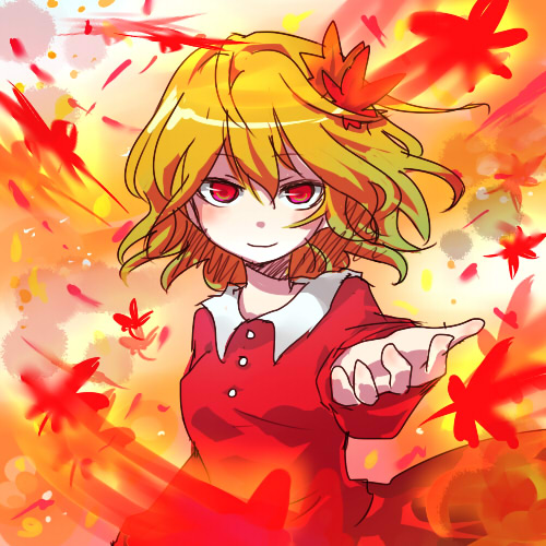 aki_shizuha beckoning blonde_hair foreshortening hair_ornament leaf leaf_hair_ornament looking_at_viewer lowres maple_leaf outstretched_hand parmesan_(168n) red_eyes short_hair solo touhou