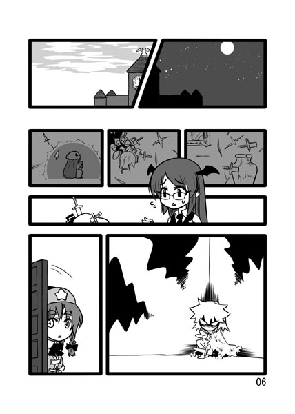 angry bespectacled comic glasses greyscale hong_meiling izayoi_sakuya knife koakuma magic monochrome multiple_girls patchouli_knowledge remilia_scarlet seki_(red_shine) silent_comic touhou younger