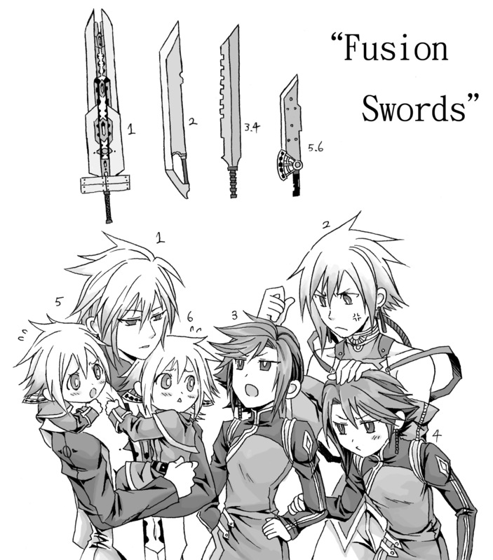 bad_id bad_pixiv_id brothers comparison everyone final_fantasy final_fantasy_vii final_fantasy_vii_advent_children first_ken fusion_swords greyscale male_focus monochrome multiple_boys number personification shinzui_(fantasysky7) siblings sword twins weapon