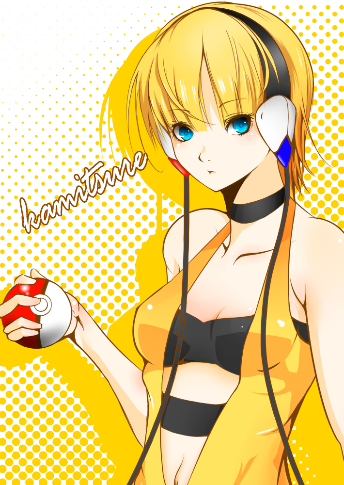 blonde_hair blue_eyes choker halterneck headphones holding holding_poke_ball kamitsure_(pokemon) ozon_(doll-666) poke_ball poke_ball_(generic) pokemon pokemon_(game) pokemon_bw short_hair solo