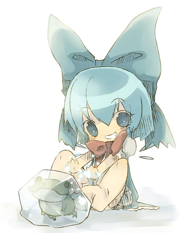 bad_id bad_pixiv_id barefoot blue_eyes blue_hair bow chibi cirno frog frozen frozen_frog grin hair_bow masirosu short_hair smile solo touhou wings