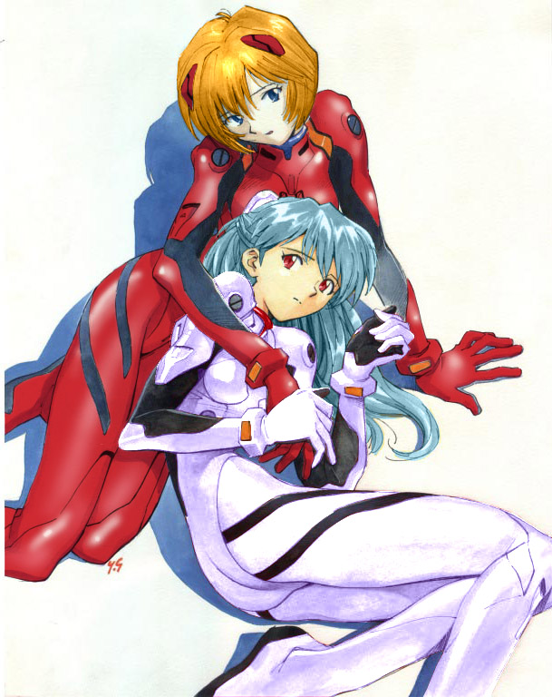 :o alternate_color alternate_eye_color alternate_hair_color arm_around_neck arm_support ass ayanami_rei bangs blue_eyes blue_hair bodysuit bracer breasts clenched_hand cosplay costume_switch from_above frown gloves hair_between_eyes head_tilt headgear holding_hands hug hug_from_behind lap_pillow long_hair looking_at_viewer lying multiple_girls neon_genesis_evangelion number official_art on_side open_mouth orange_hair pale_skin parted_bangs pilot_suit plugsuit reclining red_eyes sadamoto_yoshiyuki scan shadow short_hair signature simple_background skinny small_breasts souryuu_asuka_langley third-party_edit turtleneck white_background yuri