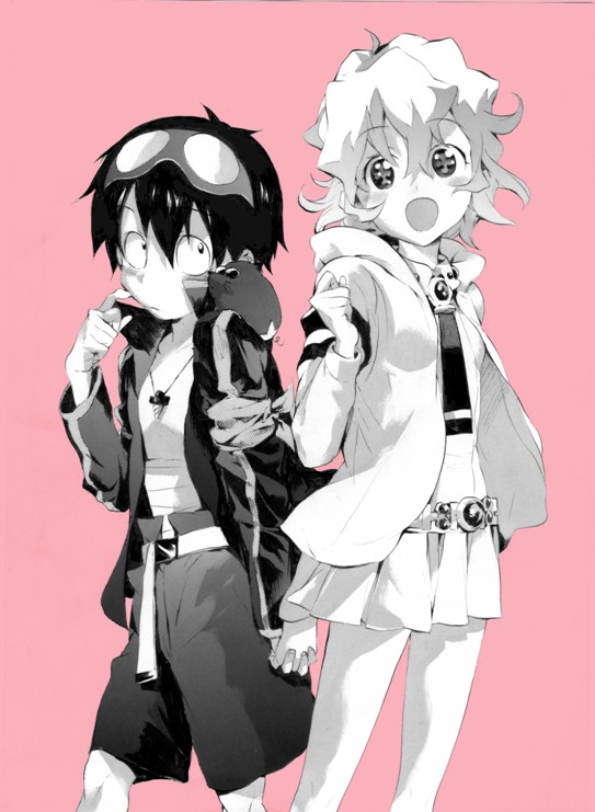 1girl :d belt collarbone cowboy_shot curly_hair drill goggles goggles_on_head holding_hands jacket jewelry long_sleeves looking_at_viewer monochrome necklace nia_teppelin non-web_source open_clothes open_jacket open_mouth pink_background short_hair shorts simon simple_background smile standing tengen_toppa_gurren_lagann